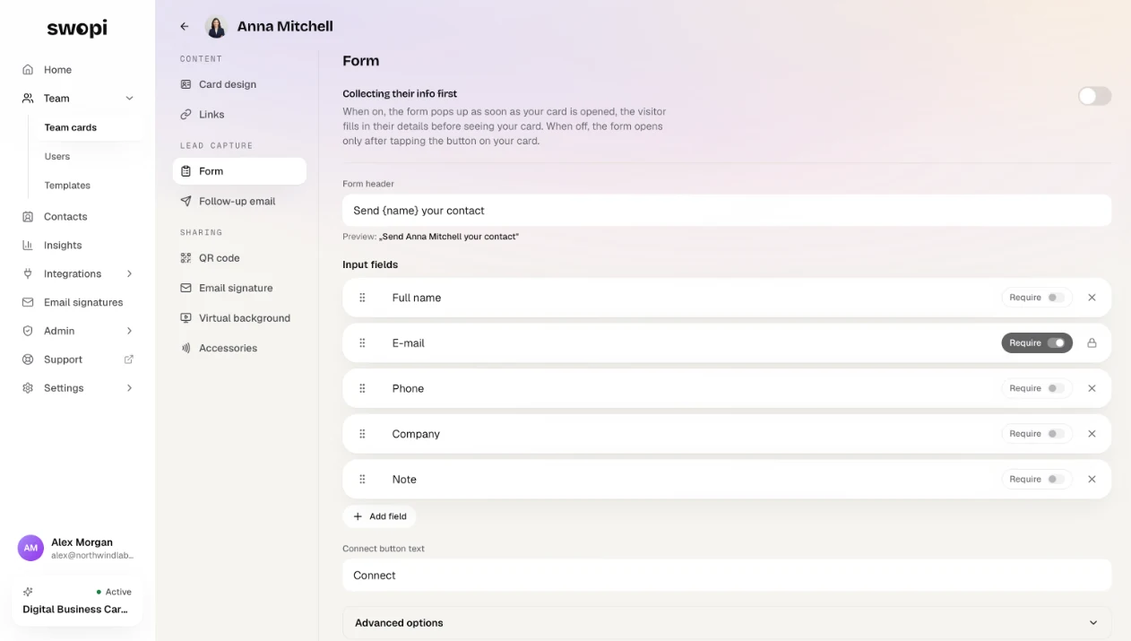 Card editor, Form: the form header, the fields, which fields are required and the button text.