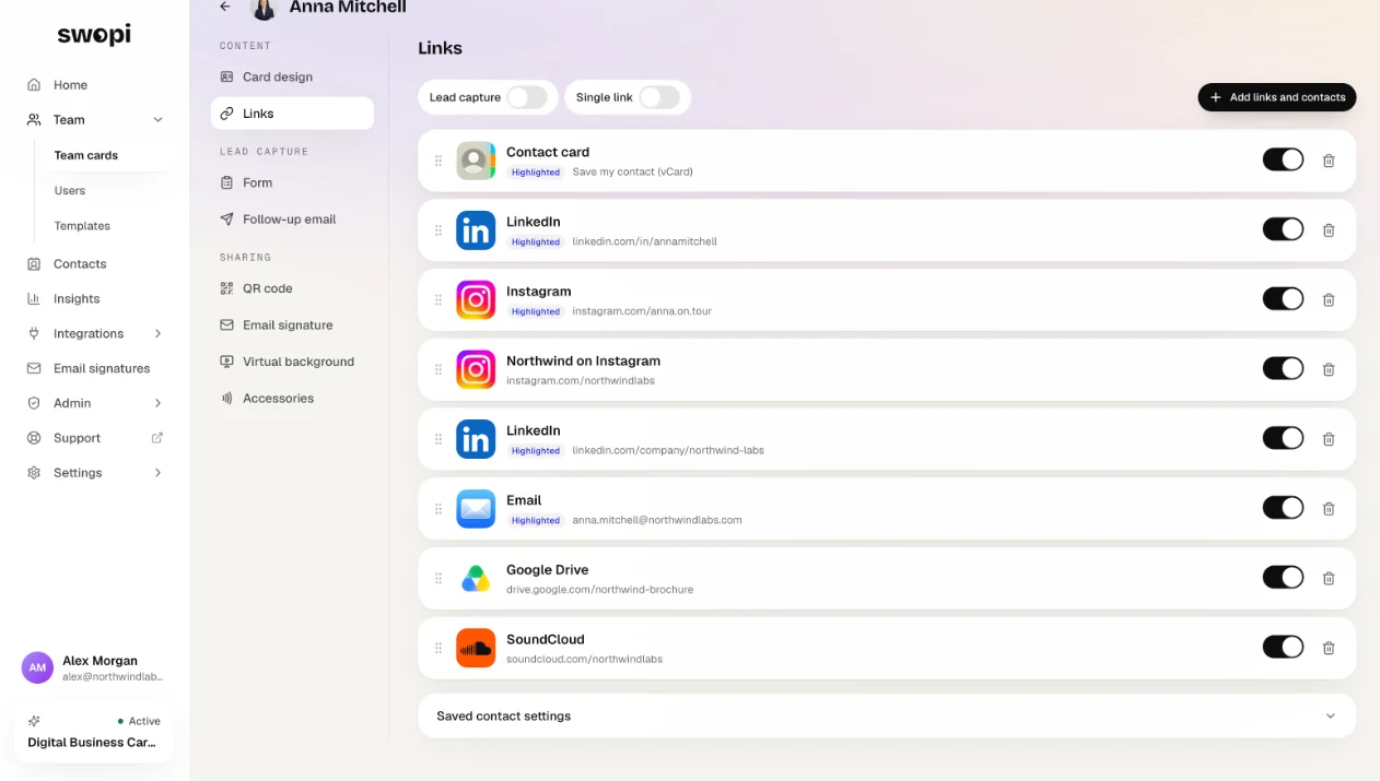 Card editor, Links: turn links on or off, drag them to change the order, delete them or add new ones.