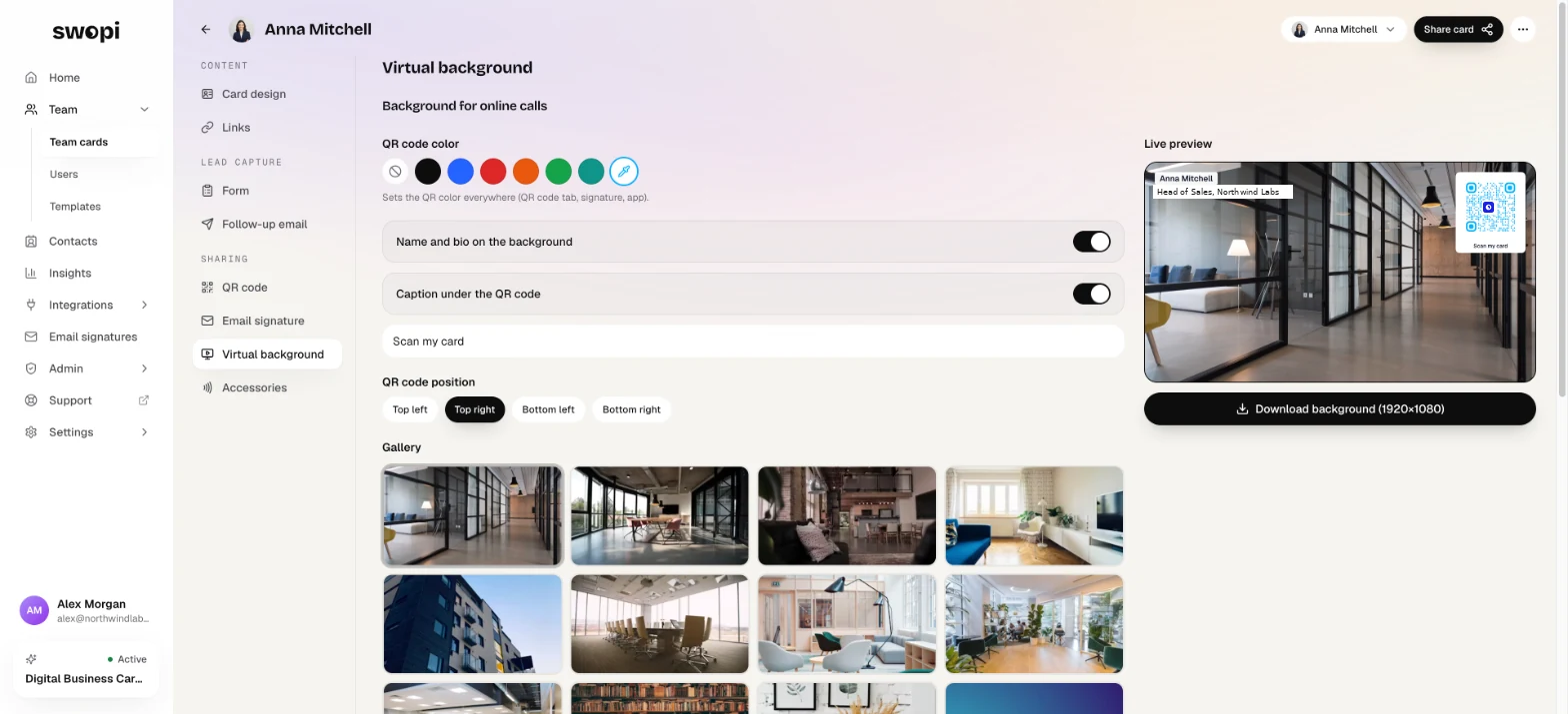 Virtual background: QR color, name and bio, caption, QR position and a photo from the gallery. The preview shows the result.