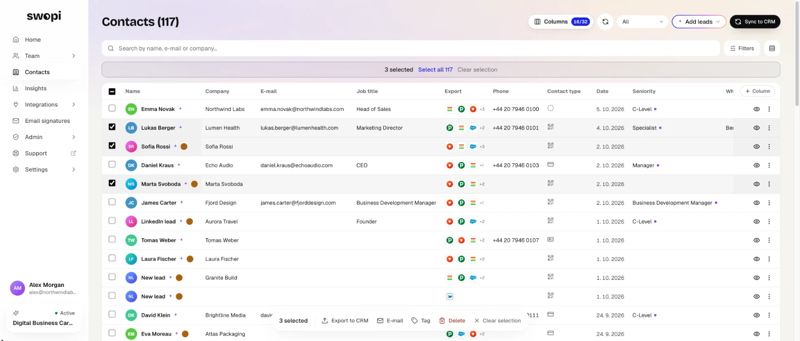 Three leads selected: the bar at the bottom offers Export to CRM, Email, Tag and Delete.