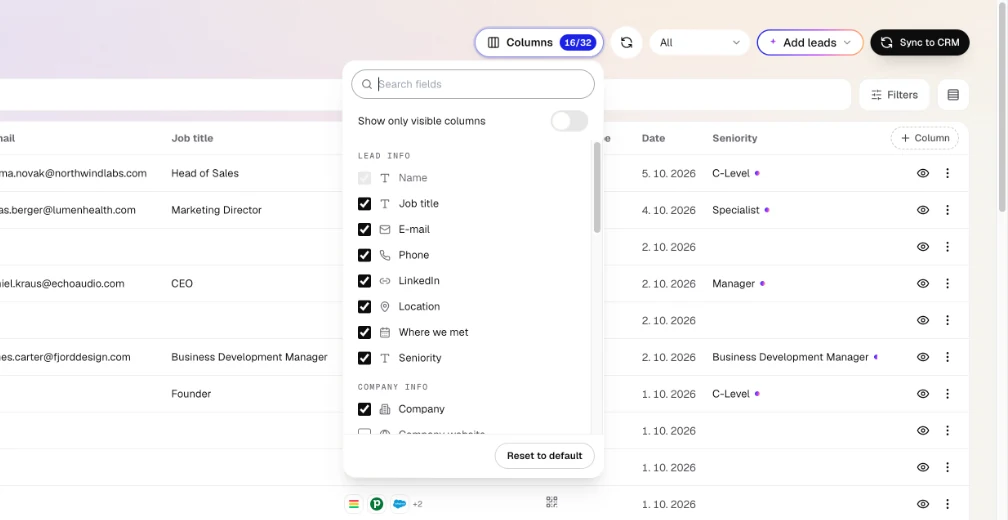 The Columns window: tick the fields you want to see, search for a field or reset to default.