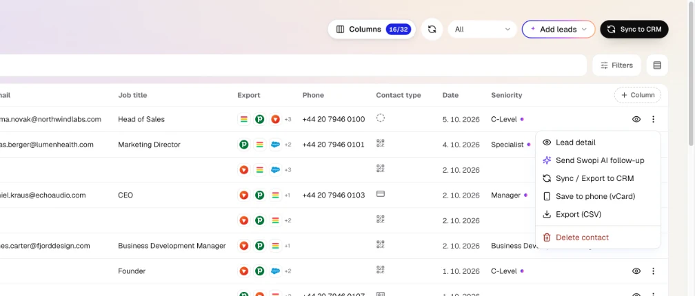 The ⋮ menu on a row: Sync / Export to CRM, Save to phone (vCard) and Export (CSV).