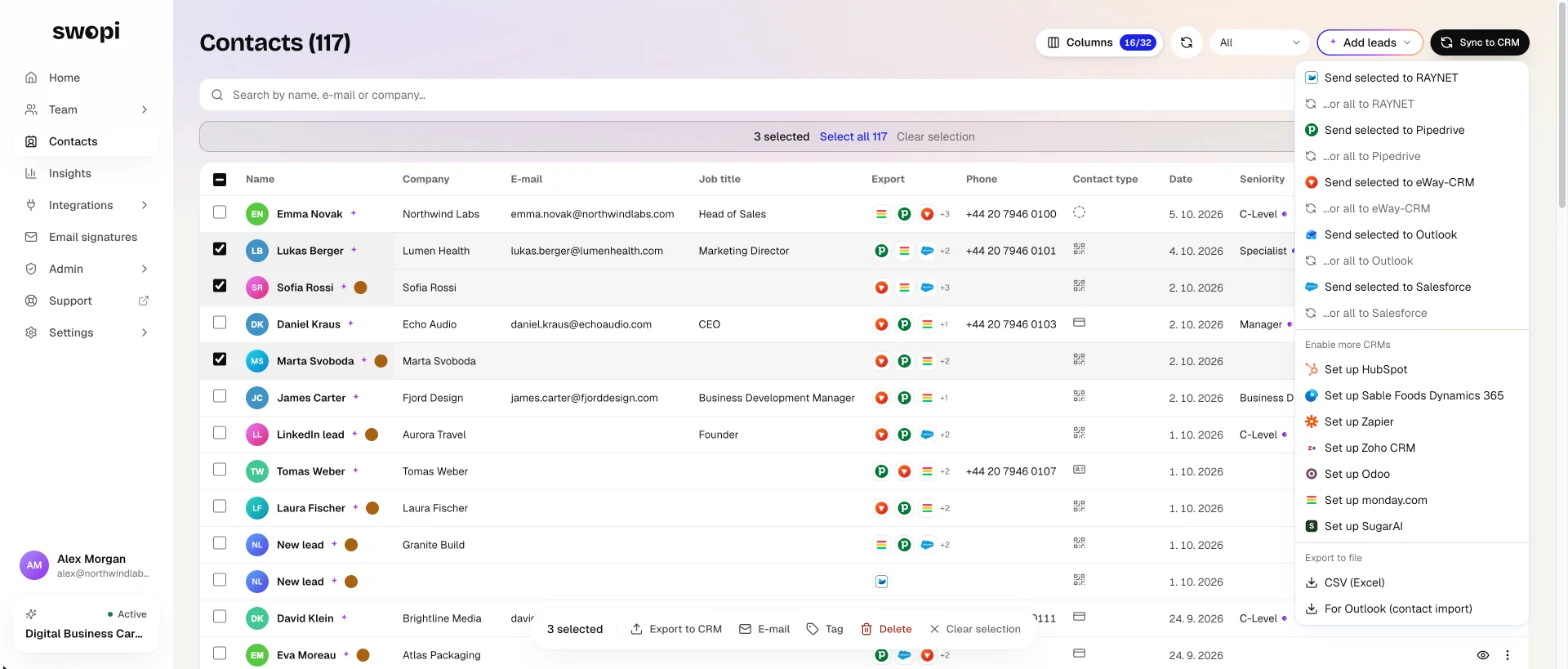 Sync to CRM: send the selected leads to a connected CRM, set up another CRM or download a CSV file.