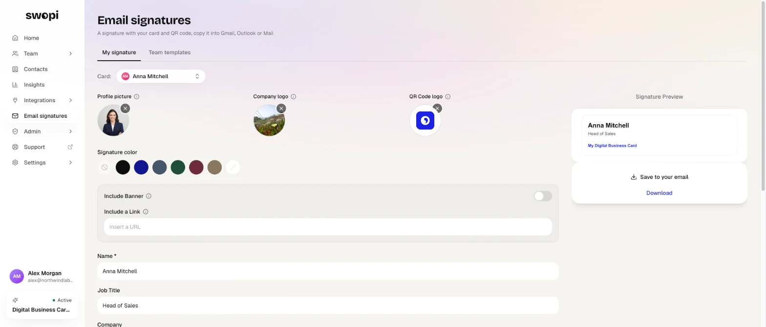 Email signatures: pick the card, photo, logos and color. The preview on the right shows the result.