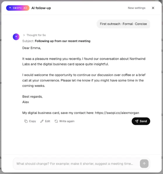 Swopi AI writes the draft. Copy it, edit it, write it again or type what to change in the box below.