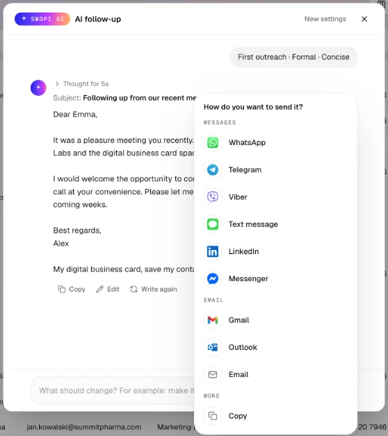 Send opens the draft in WhatsApp, Telegram, Viber, a text message, LinkedIn, Messenger, Gmail, Outlook or your email app.