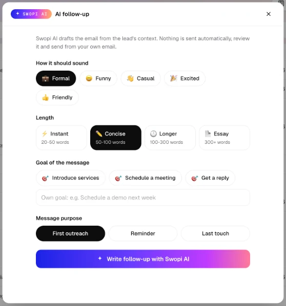 Pick the tone, length, goal and purpose, then click Write follow-up with Swopi AI.