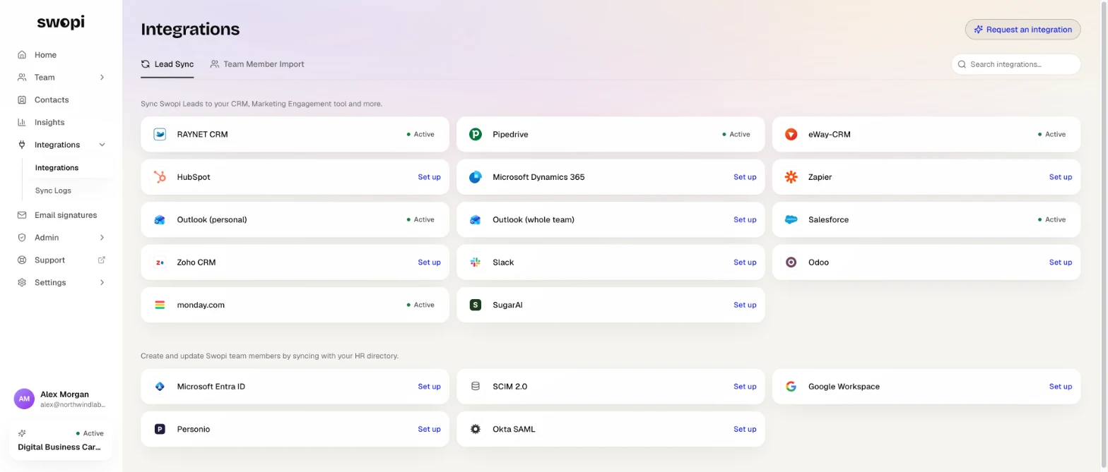 Integrations: Active means the CRM is connected. Set up starts the connection.