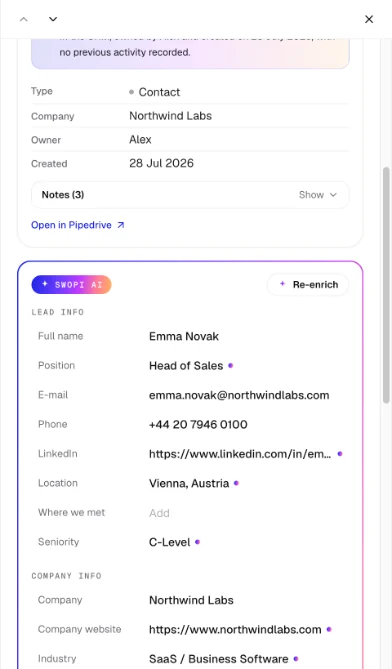 The Swopi AI block in the lead detail: lead info and company info. A small dot marks a value AI filled in.