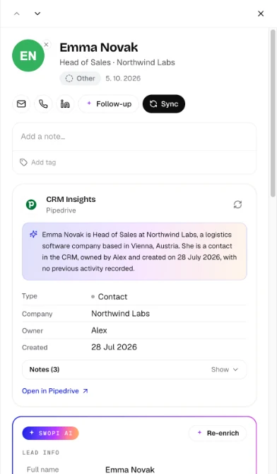 Detail leadu: rychlé akce, poznámka, štítky a CRM Insights z propojeného CRM.