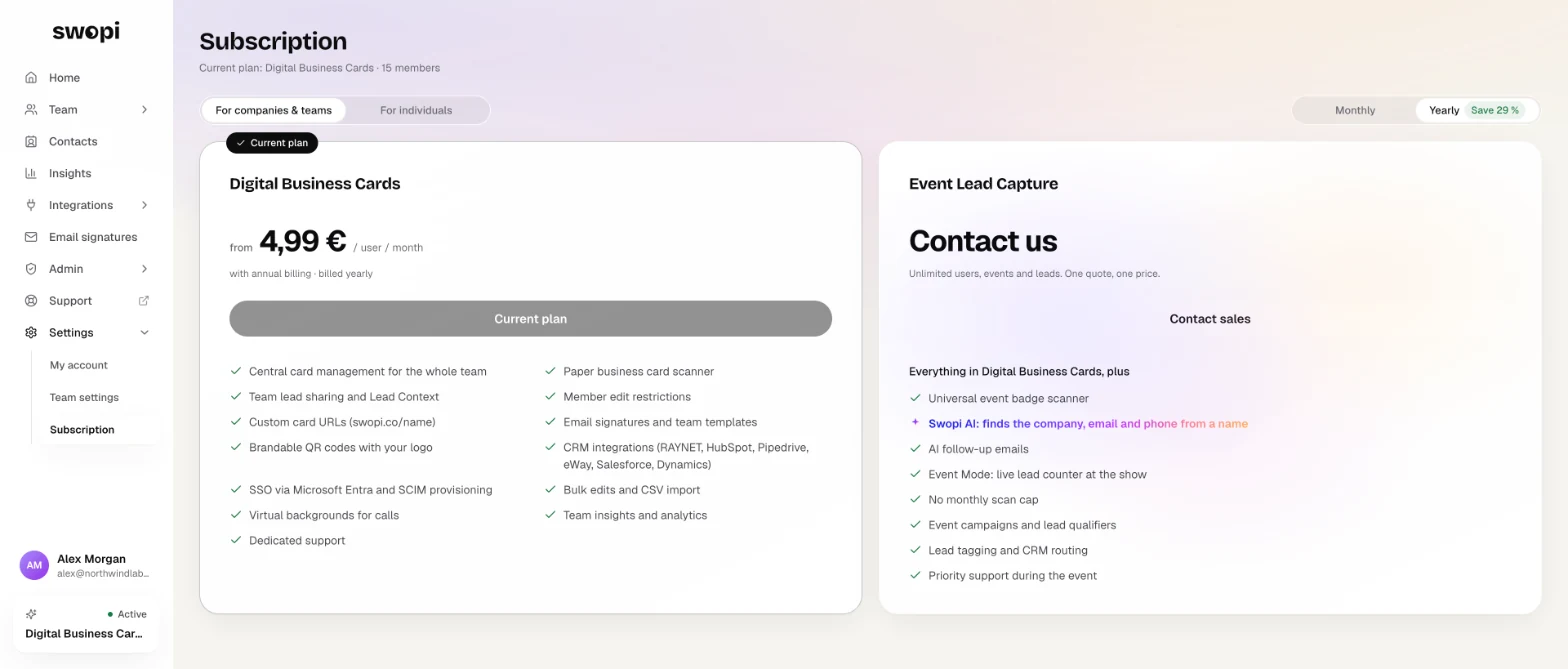 Settings, Subscription: your current plan and what each plan includes.