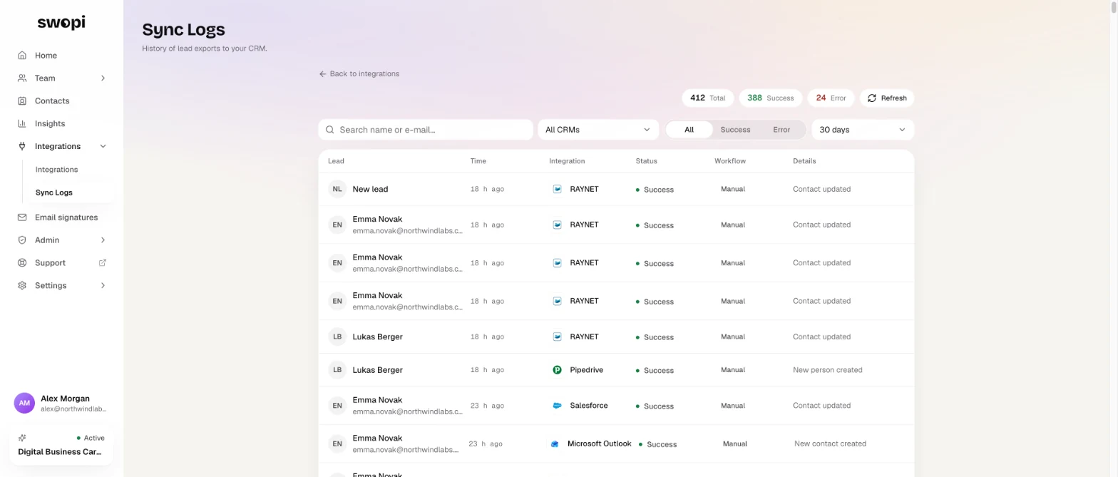 Sync Logs: every export with the time, the CRM, the result and what happened in the CRM.