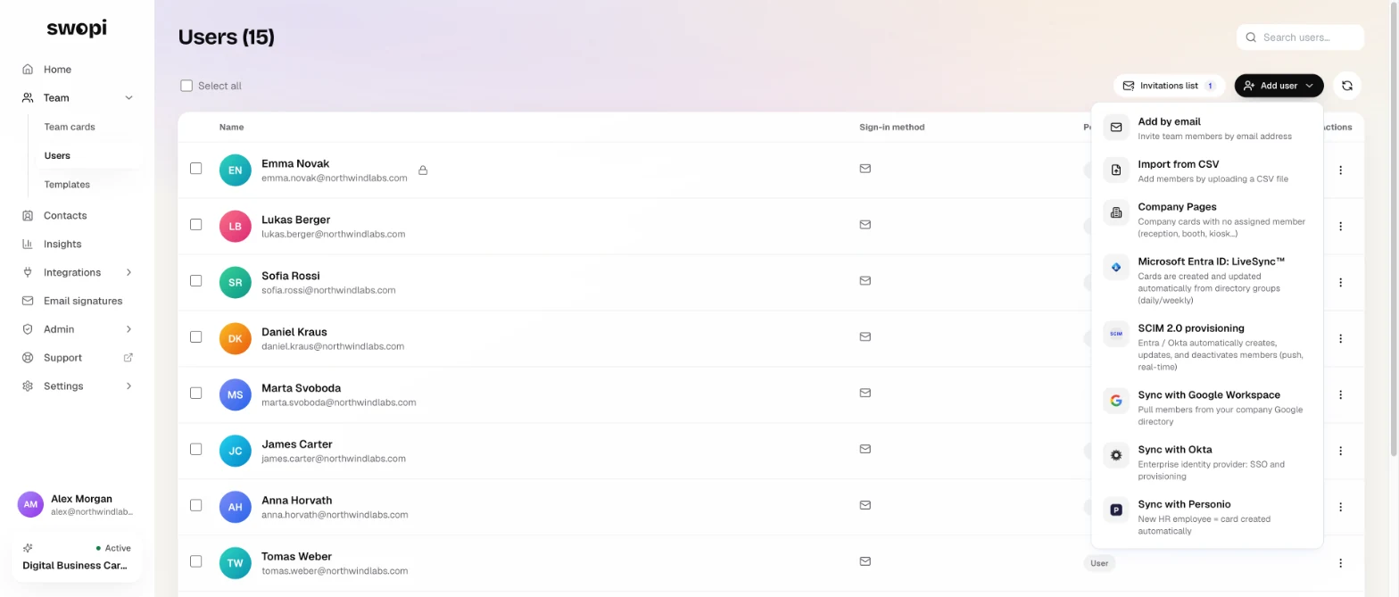 Team, Users, Add user: invite by email, import a CSV file or sync Microsoft Entra ID, Google Workspace, Okta or Personio.
