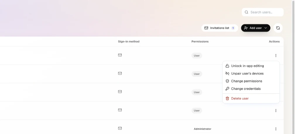 The ⋮ menu next to a user: lock or unlock in-app editing, unpair devices, change permissions or credentials.